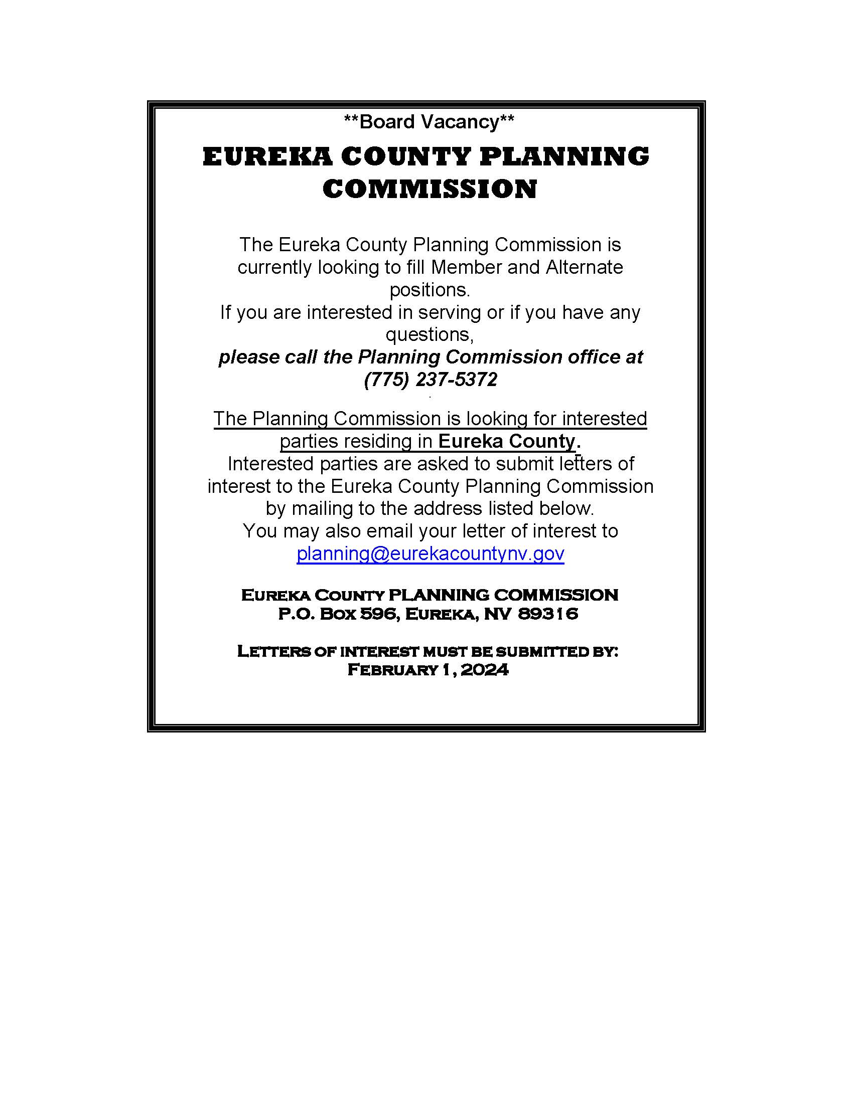 Planning Commission Vacancy Eureka County