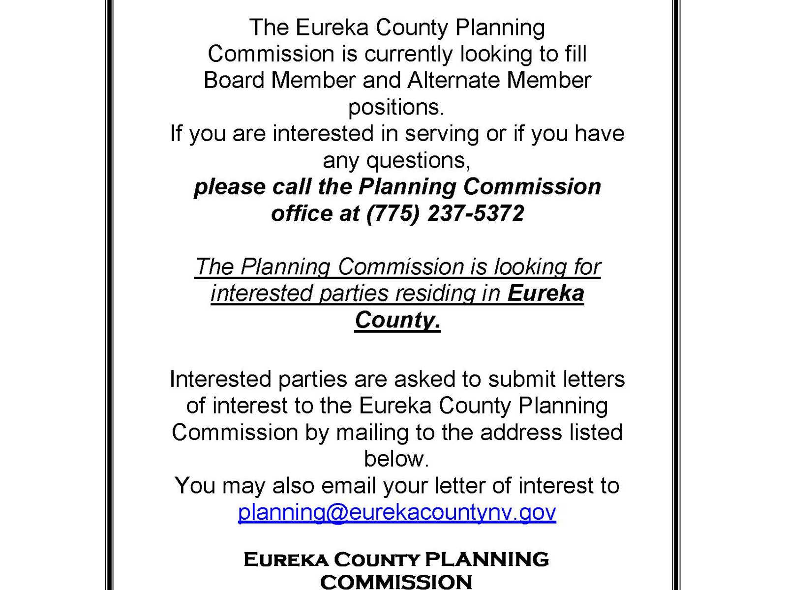 Planning Commission Vacancy Eureka County